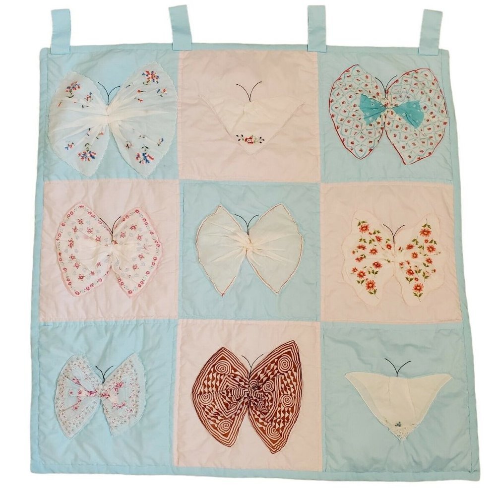 Vintage Butterfly Floral Quilt Tapestry Embroidered Pastel Blue Pink‎ 42 x 42